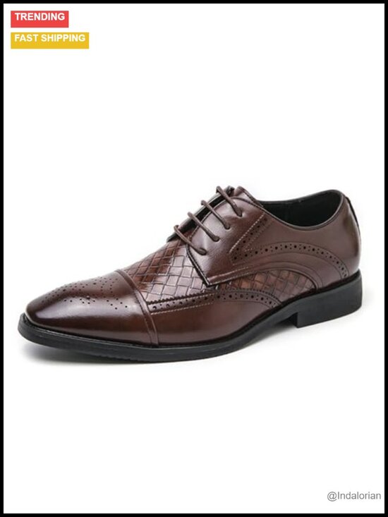 Men\'s Leather Pointed Toe Brogue Oxfords Lightweight Lace-Up Wingtip Block Heel main image 6